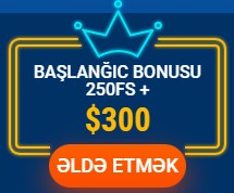 Yeni oyunçulara təqdim olunan 300 USD bonus və 250 pulsuz fırlanma təklifi ilə diqqət çəkən banner.